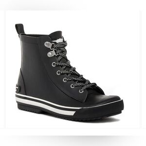ROCKET DOG Black Rubber Rain Boots Womens Hi Tops Lace Up #1027
